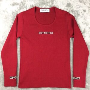 Parisline Sweater Womens Small Swarovski Crystals Red Holiday‎ Merino Wool
